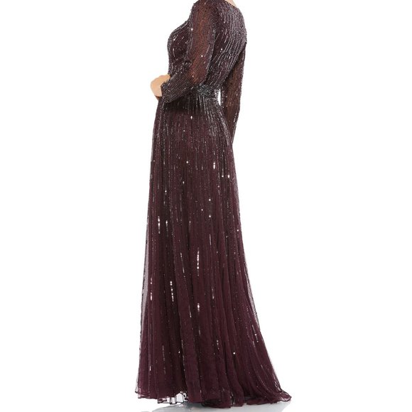 MAC DUGGAL 4977 SEQUINED V NECK ILLUSION LONG SLEEVE A LINE GOWN MULBERRY 16 - Picture 3 of 9